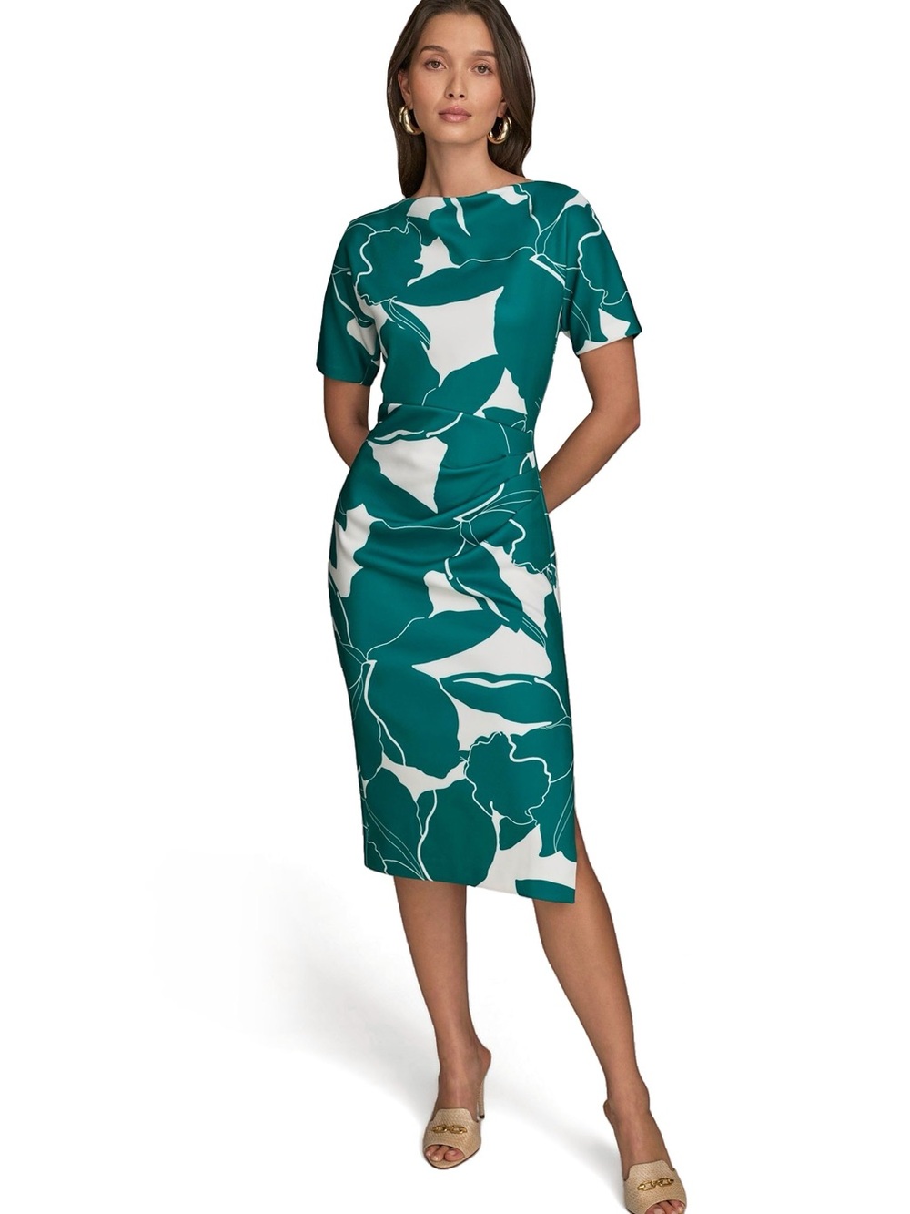 Donna Karan Teal and White Floral Sheath Dress